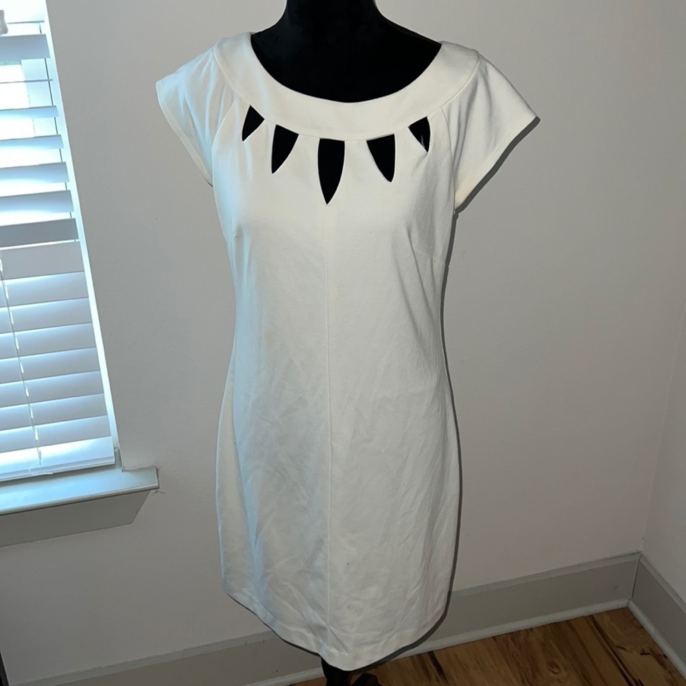 Laundry by Design ivory sheath dress cut out detail exposed zip‎ cap sleeves 10